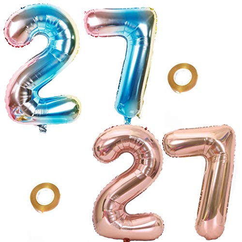 Haosell Juego de 2 globos para fiesta con número 27 de arcoíris y oro rosa, número 27 de cumpleaños número 27 cumpleaños decoración fiesta fiesta XL Globo de 32 pulgadas decoración