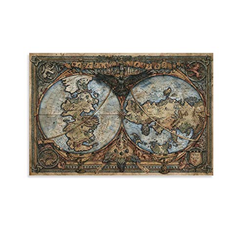 HUAIREN Póster de mapa de Juego de Tronos – Póster de Westeros y Essos – Lienzo decorativo para pared para decoración de habitación familiar, dormitorio, baño, 60 x 90 cm