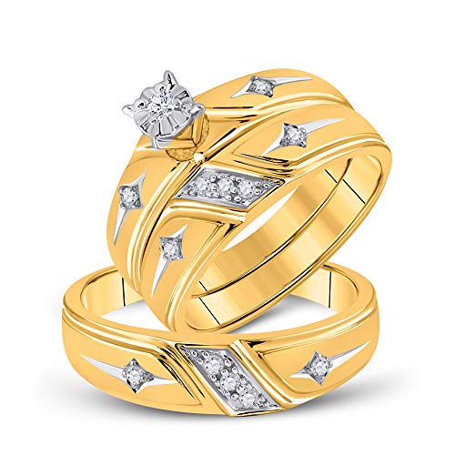 Jewels By Lux - Juego de Anillos de Boda de Oro Amarillo de 10 Quilates con Diamantes Redondos para él y para Ella (claridad I2-I3, Color J-K, 1/5 Quilates)