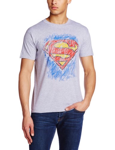 Joystic Junkies Superman - Camiseta Estilo lápiz con Cuello Redondo de Manga Corta para Hombre, Talla S, Color Gris (Grey Marl)