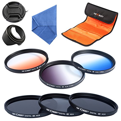 K & F Concept - Juego de filtros (6 filtros, ND2 Neutral Grey ND4 ND8, Incluye Gamuza limpiadora, Parasol, Tapa para Objetivo y Bolsa para Filtro), Color Naranja, Azul y Gris