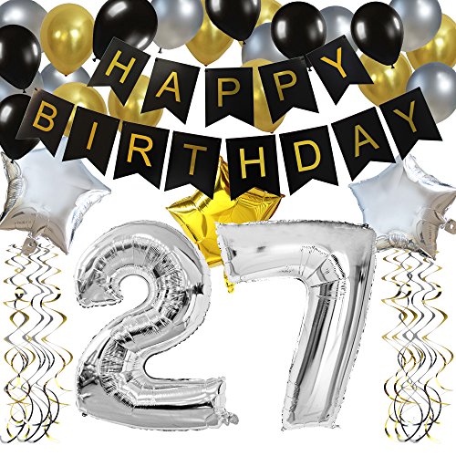 KUNGYO Clásico Decoración de Cumpleaños -“Happy Birthday” Bandera Negro;Número 27 Globo;Balloon de Látex&Estrella, Colgando Remolinos Partido para el Cumpleaños de 27 Años