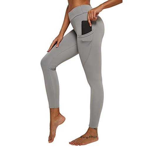 Leggings de cintura alta para mujer, a prueba de sentadillas, pantalones de yoga de longitud completa con bolsillos, control de barriga, entrenamiento, correr, gris-L