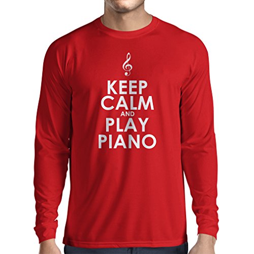 lepni.me Camiseta de Manga Larga para Hombre Mantén la Calma y Toca el Piano, para los Amantes de la música, Pianista de Regalo (X-Large Rojo Blanco)