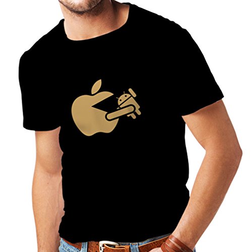 lepni.me Camisetas Hombre Funny Apple Comer un Robot - Regalo para los fanáticos de la tecnología (XXXX-Large Negro Oro)