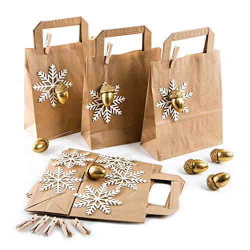 Logbuch-Verlag 8 bolsas de Navidad de papel con colgantes de Navidad, copo de nieve + glande dorado + pinzas de madera, paquete de regalo de Navidad para clientes
