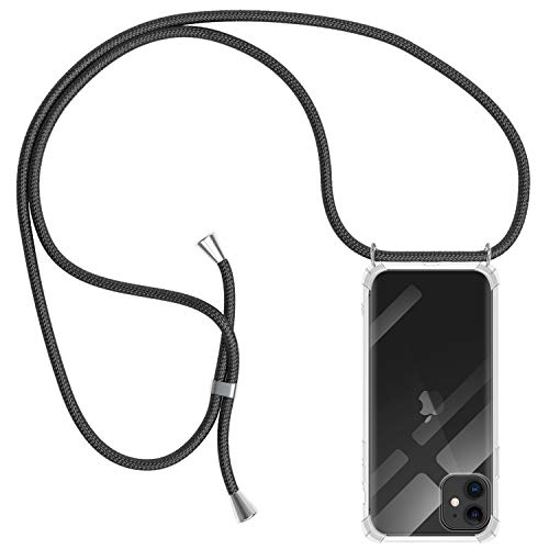 MICASE Funda con Cuerda para iPhone 11, Carcasa Transparente TPU Suave Silicona Case con Correa Colgante Ajustable Collar Correa de Cuello Cadena Cordón para iPhone 11 6.1'' - Negro