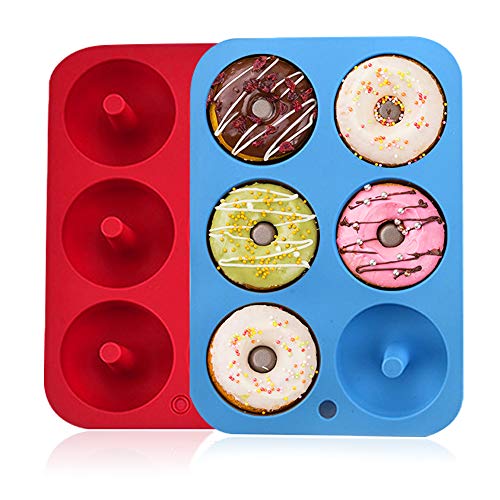 Moldes de silicona para hacer donuts, 6 cavidades antiadherentes, de silicona, bandeja para hornear rosquillas, magdalenas, bagels, galletas, pasteles, color azul, rojo, paquete de 2 unidades
