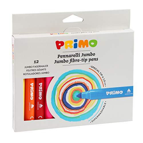 Morocolor PRIMO, marcadores Jumbo 12 marcadores de punta grande marcadores de caja de cartón 12 colores brillantes y luminosos punta grande de Ø 7,6 mm marcadores lavables para niños, Made in Italy