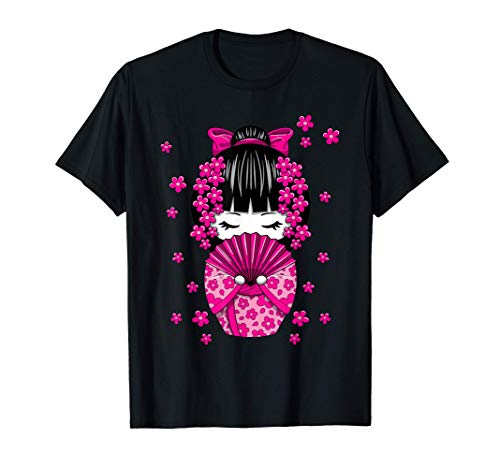 Muñeca Geisha Kawaii Kokeshi con Flores de Cerezo Japonés Camiseta