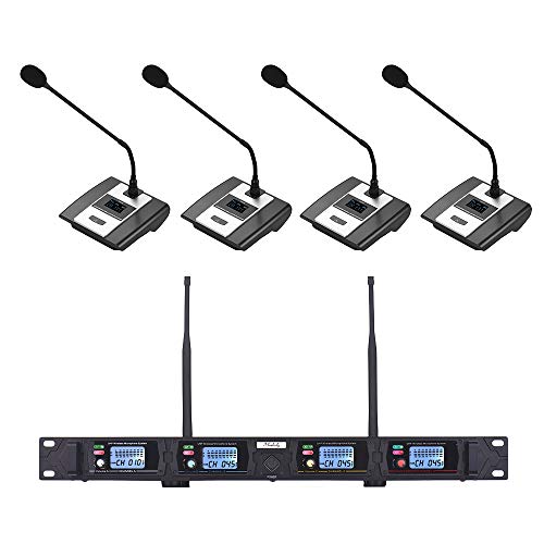 muslady Micrófono Sistema D2 profesional de 4 canales UHF inalámbrico Conferencia 6,35 mm & XLR salidas Dual Antena con Rack de Montaje Receptor 4 Desktop de micrófonos