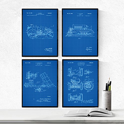 Nacnic Azul - Pack de 4 Láminas con Patentes de Camiones. Set de Posters con inventos y Patentes Antiguas. Elije el Color Que Más te guste.