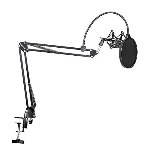 Neewer NB-35 - Soporte de tijera con agarre de clip para micrófono, pinza para montaje en mesa y filtro pop NW (B-3), parabrisas y juego de instalación de micrófono de metal