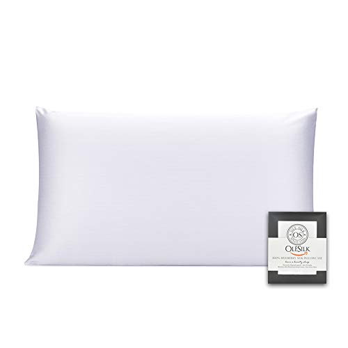 OLESILK 100% Mulbery Silk Pillowcase with Hidden Zipper for Hair and Skin, Both Sides 16mm Charmeuse Gift Box 1pc - White, 40x80cm