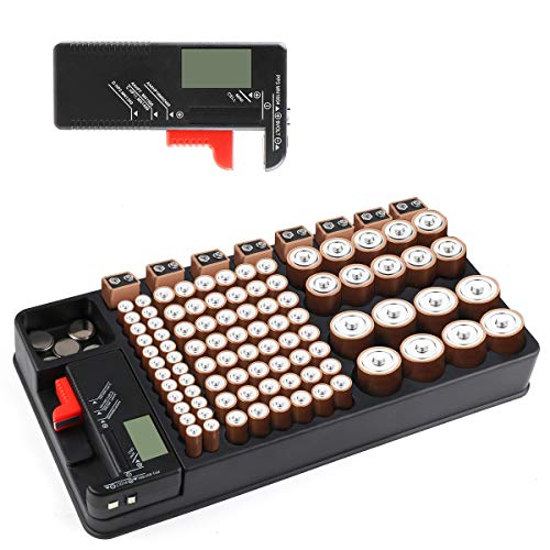Organizador de batería con comprobador de batería extraíble Sostiene 110 baterías para AAA, AA, 9V, C, D y batería de botón
