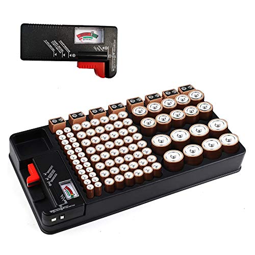 Organizador de baterías Caja de Almacenamiento de baterías con Capacidad para 110 Ranuras para baterías de Diferentes tamaños para AAA, AA, 9V, C, D y batería de botón con probador de batería