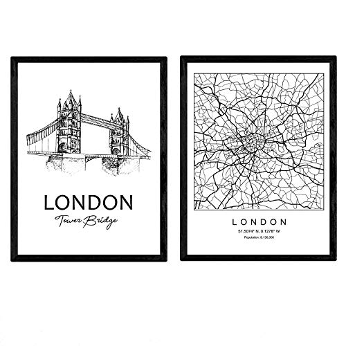 Pack de posters de London - Puente de la torre. Láminas con monumentos de ciudades. Tamaño A4