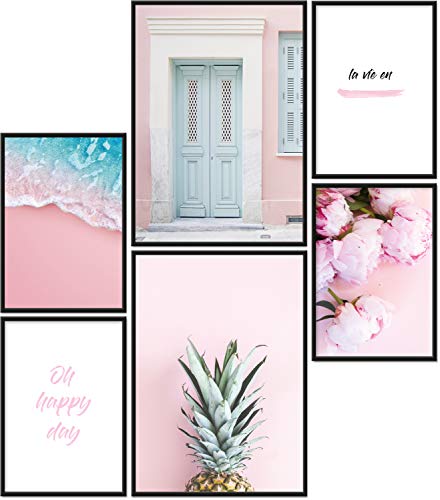 Papierschmiede® Juego de pósteres Premium La Vie en Rose | 6 imágenes como elegante decoración de pared | 2 DIN A4 y 4 DIN A5 | Piña Peonía Rosa