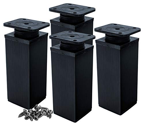 Patas para muebles | Pack de 4 | Altura ajustable | Perfil angular: 40 x 40 mm | Color: negro mate | Material: Aluminio | Tornillos incluidos | Altura: 60 mm (+10 mm) | HEXATON