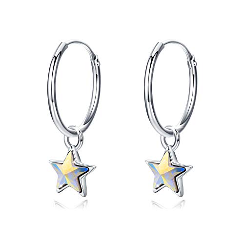 Pendientes de aro de plata de ley 925 con diseño de estrella, pendientes de aro para niñas y mujeres (B)