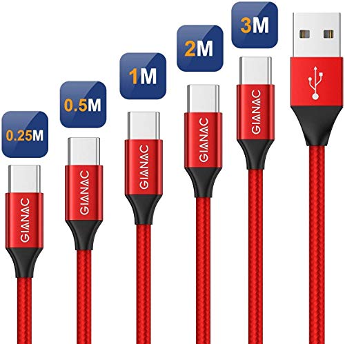 QGhappy Cable USB Tipo C, 5Pack[0.25M 0.5M 1M 2M 3M] 3A Cargador USB Tipo C Nylon Trenzado Cable USB C Carga Rápida y Sincronización de Datos para Samsung Galaxy S10 S9 S8, Huawei P30 P20 P10 Mate10