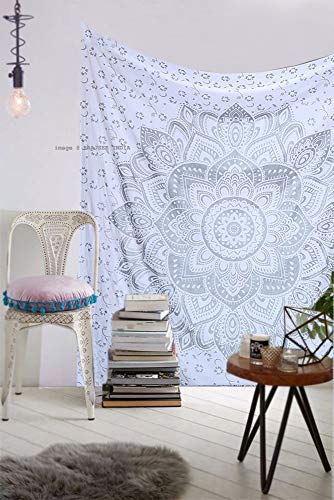 Raajsee - Tapiz para colgar en la pared, diseño de mandala, color gris y plateado, Pasión de plata blanca, 140x210cms Twin
