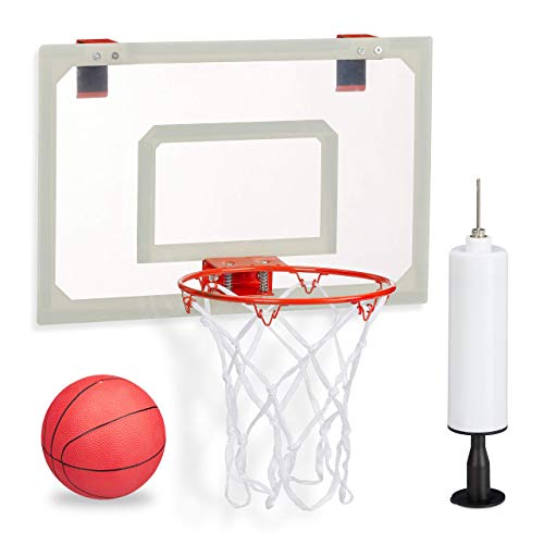 Relaxdays Canasta Baloncesto para Habitación, Mini Basketball con Pelota e Inflador, Acrílico-Metal-Plástico, Multicolor