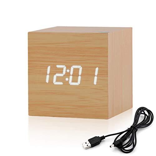 Reloj Digital Moderno, Mínimalista LED Despertador de Madera en Forma de Cubo Alarmas Alimentado por USB 2.0 & Pilas idel para Hogar, Oficina, Habitación, Escritorio (Original)