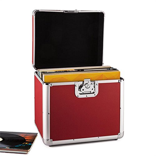 Resident DJ Zeitkapsel Caja de Aluminio para vinilos (Capacidad de 70 LP's, Cierre de Mariposa, Bordes Reforzados, asa ergonómico, Peso vacío de 2,4 kg) - Rojo