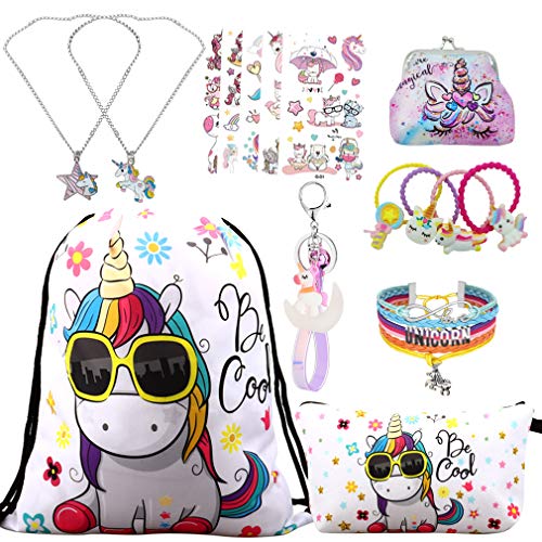 RLGPBON Pack 5 Unicornios Mochila con cordón/Maquillaje Bolsa/Collar de Cadena de aleación/Pulsera/5 Piezas de Lazos para el Cabello Unicornio/Unicornio Drawstring Gift para niñas