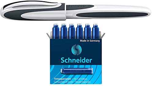 Schneider Ray - Bolígrafo con punta de acero inoxidable, incluye 1 paquete de cartuchos de tinta azul, fabricado en Alemania, color blanco y gris