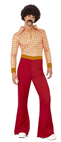 Smiffys-43189M Traje de Auténtico Chico de los 70, con Top y Pantalones de Talle Alto, Color Rojo, M-Tamaño 38"-40" (Smiffy'S 43189M)