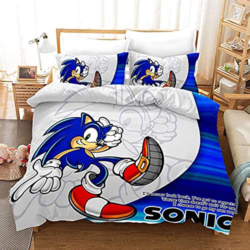 Sonic Funda de edredón 3D de dibujos animados Sonic erizo impreso juego de cama para niños 3 piezas, incluye 1 funda de edredón, 2 fundas de almohada (SNK04, King 220 x 240 cm)