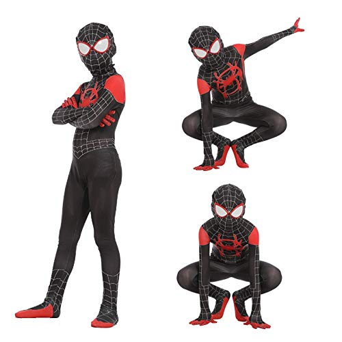 SPIDERMANHTT Cosplay Traje del Hombre araña de los niños, Nueva Spiderman Morales Miles Cosplay Zentai Niños for los Trajes de Halloween Adultos Mujer niños (Color : Black, Size : 100-110cm)