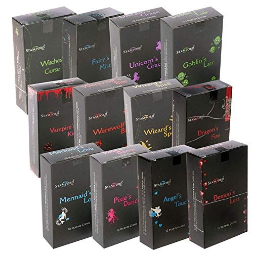 Stamford: 144 conos de incienso color negro (12 cajas de 12 conos). Paquete de muestras mezcladas (caja variada)