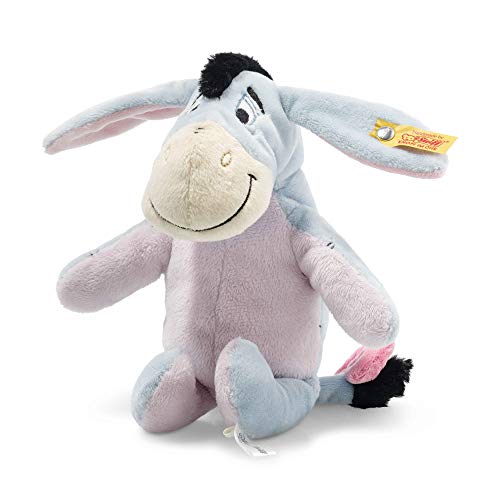 Steiff 290138 I-Aah - Burro de peluche con sonido de 23 cm, juguete para bebés y niños pequeños, juguete para abrazar y jugar, original de peluche con botón en la oreja, lavable, azul claro/rosa