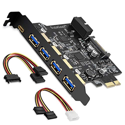 SupaGeek PCI-E a Tipo C (1), Tipo A (4) USB 3.0 Tarjeta de expansión PCI Express de 5 Puertos, Capacidad de expansión + 2 Puertos USB 3.0 con Conector Interno de 20 Pines