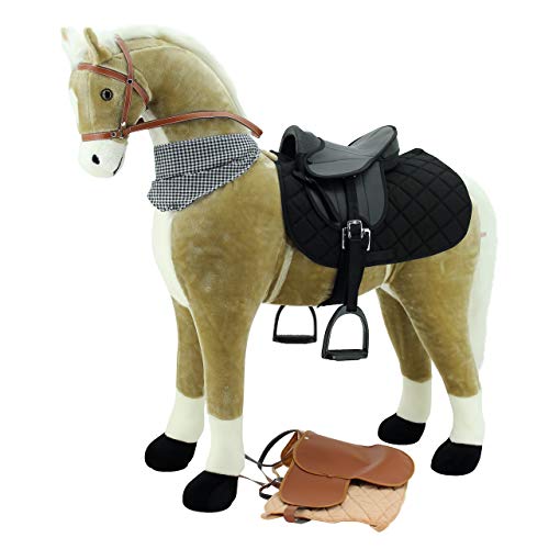 Sweety Toys 13135 - Caballo de peluche (tamaño XXL, con crines y cola blancos, pañuelo negro, caballo de caballo, con dos sonidos y sillín), color beige