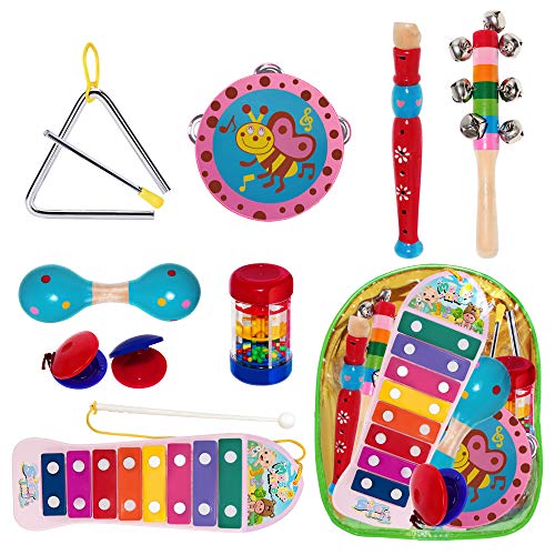 THE TWIDDLERS 10 Juguetes Instrumentos Musicales - Xilófono Madera Set Panderetas Y Percusión Bandas Músicos - Juguetes educativos de Interior Ideales para niños para Horas de diversión y Aprendizaje