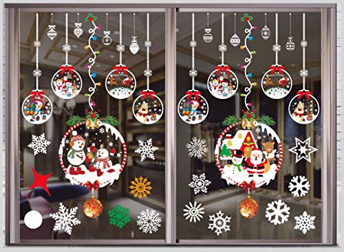 THOWALL Pegatinas de Navidad, 2 Rollos Pegatinas Pared Decorativas Extraíbles & Reutilizables, Decoración Navideño con Papá Noel, Muñeco de Nieve, Reno y Copo de Nieve para Navidad Invierno (A)