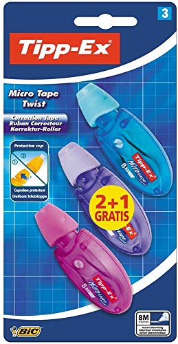 Tipp-Ex Micro Tape Twist Cinta Correctora Blanca 8 m x 5 mm – Colores Surtidos, Blíster de 2+1 Unidades, Con Cabezal Rotativo Para Proteger La Punta