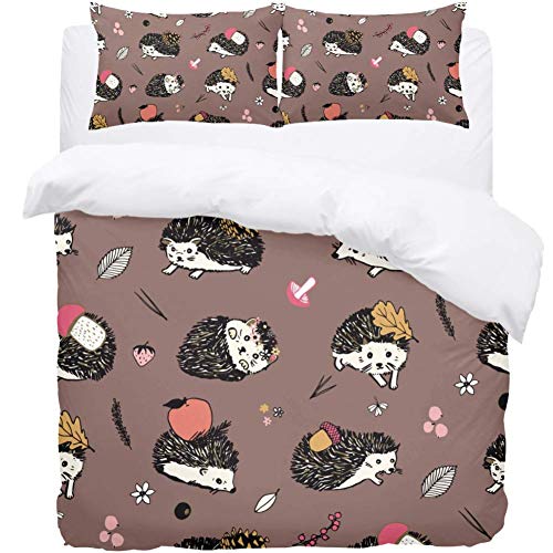 TIZORAX Double Bedding Duvet Cover Set - Hedgehog And Mushroom 3 Piece Microfiber Comforter Set Quilt Cover and 2 Pillow Shams for Men Women