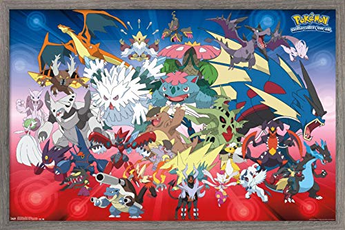 Trends International Pokémon - Póster de pared con diseño de Mega Evolutions, 56,8 x 86,4 cm, versión enmarcada de Barnwood