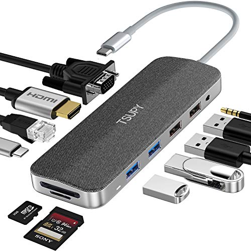 TSUPY HUB USB C 12 en 1 Thunderbolt 3 con HDMI 4K VGA 4 Puertos USB 3.0/2.0 USB-C PD Carga Rapida RJ45 Ethernet Audio Lector de Tarjeta SD/TF Adapatador Tipo C HUB para Macbook Pro,DELL y más