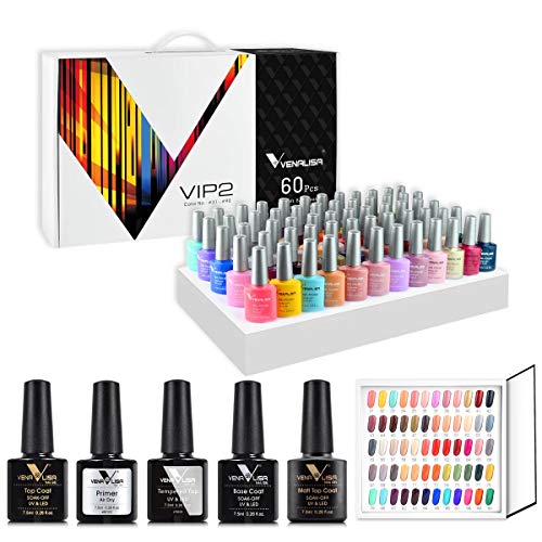 VENALISA Manicurist Kit de esmalte de uñas de gel VIP de 60 colores con tarjeta de color, base y capa superior, UV LED Soak Off Gel esmalte de uñas Kit de manicura DIY