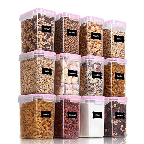 Vtopmart 1.6L Recipientes para Cereales Almacenamiento de Alimentos, Jarras de Almacenamiento de Plástico con Tapa Hermética Sin BPA,Juego de 12 + 24 Etiquetas, para harina,café (Rosado)