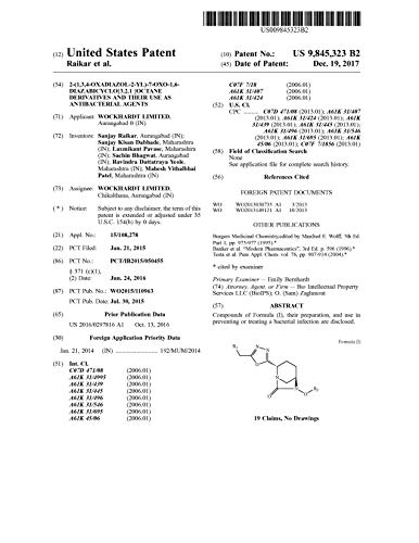 2-(1,3,4-oxadiazol-2-yl)-7-oxo-1,6-diazabicyclo[3.2.1 ]octane derivatives and their use as antibacterial agents: United States Patent 9845323 (English Edition)