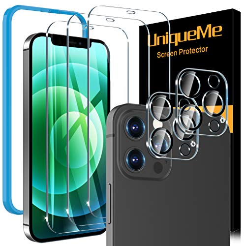 [2 Pack]UniqueMe Protector de Pantalla y [3 Pack] Protector de lente de cámara Compatible con iPhone 12 Pro Max (6.7 pulgadas), [9H Dureza][Sin Burbujas] HD Cristal Vidrio Templado