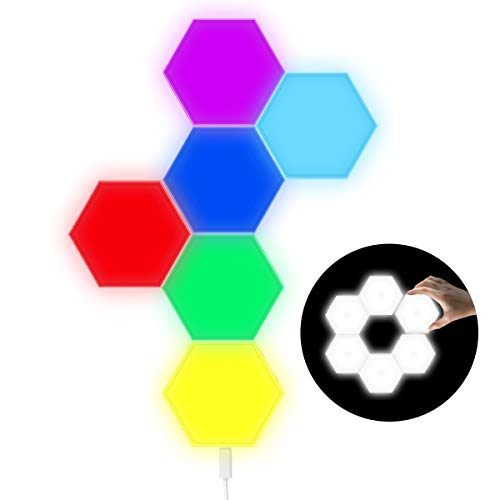 6 Piezas Empalme RGB Luces, Hexagonal USB Cargar Tacto Sensible Luces de Pared Modulares Ceativas DIY Magnética Aracción Geometría Lámpara de Noche para Decoración del Hogar, Regalo