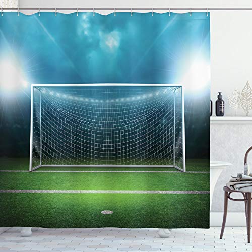 ABAKUHAUS Fútbol Cortina de Baño, Juego de fútbol Fútbol, Material Resistente al Agua Durable Estampa Digital, 175 x 240 cm, Verde Azul